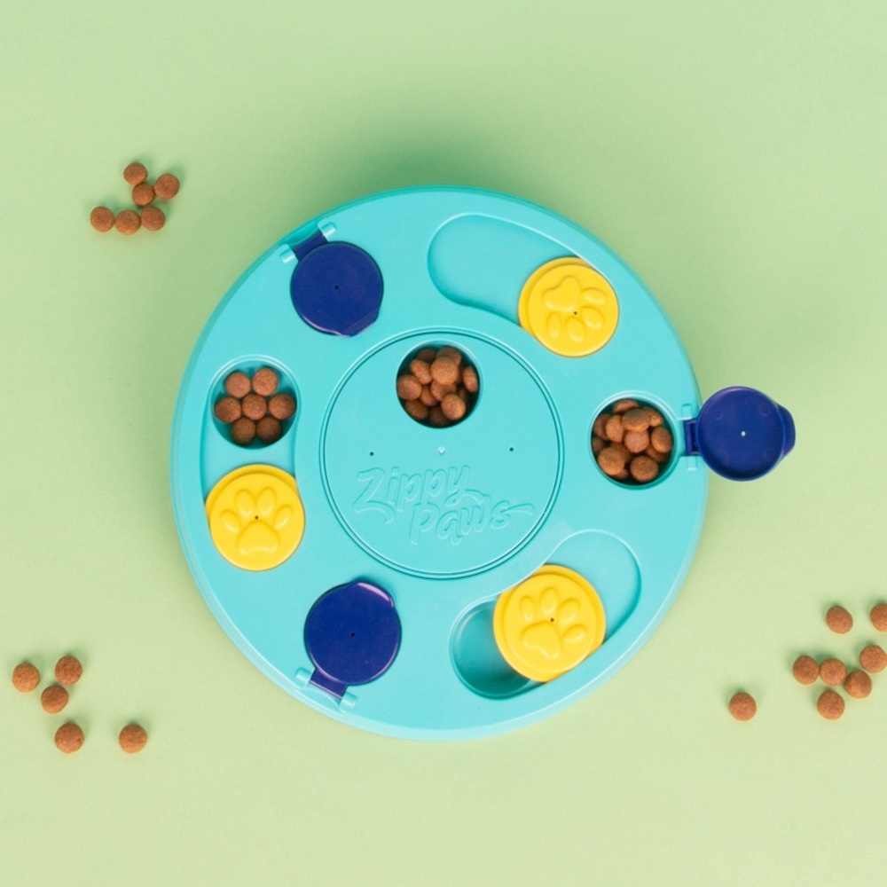 PET DOG FEEDER SOLVER ENRICHMENT ZIPPY PAWS PUZZLER TEAL 11 x 11 x 1 IN
